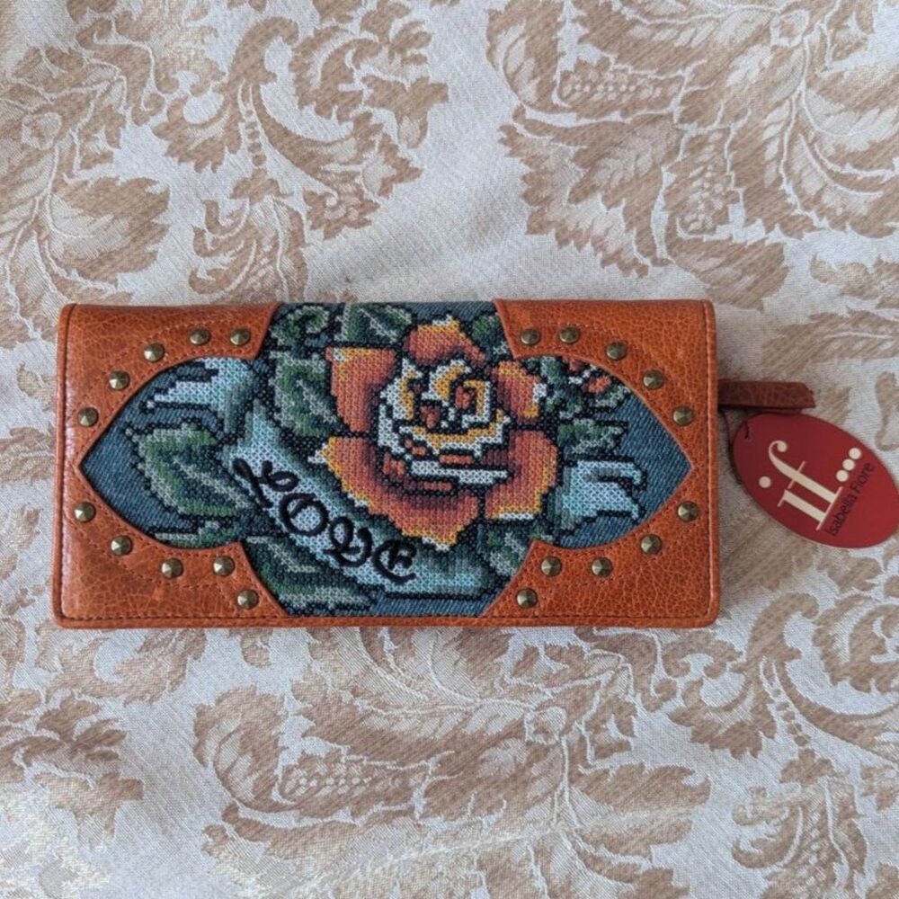Isabella Fiore Needle Point Brown Love Notes Rose Leather Floral Wallet NWT